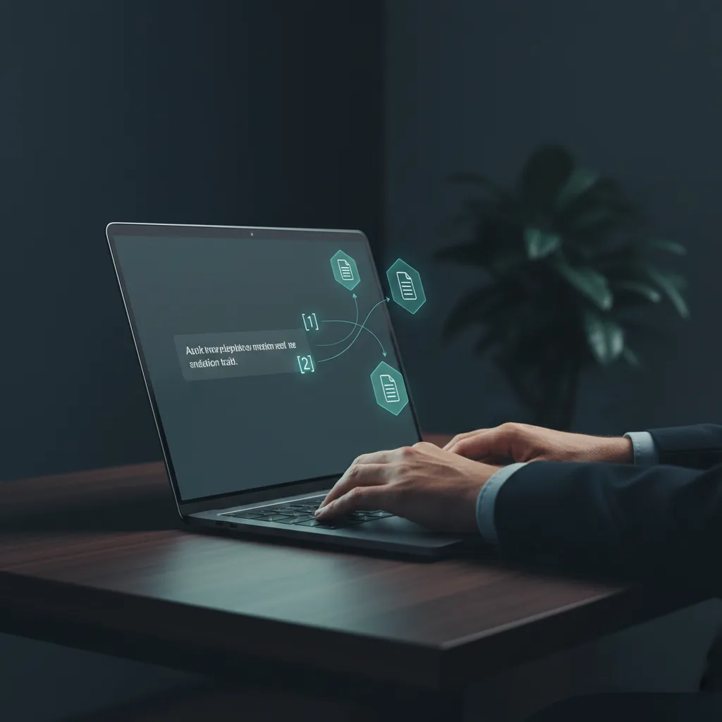 Hands typing on a laptop displaying an AI chat interface with citations linked to source documents