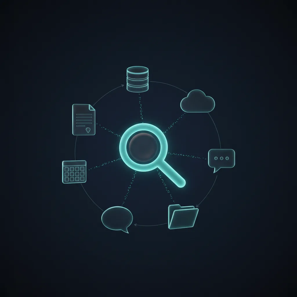 Search icon connected to database, cloud, document, spreadsheet, and ticket icons representing unified search across business data sources