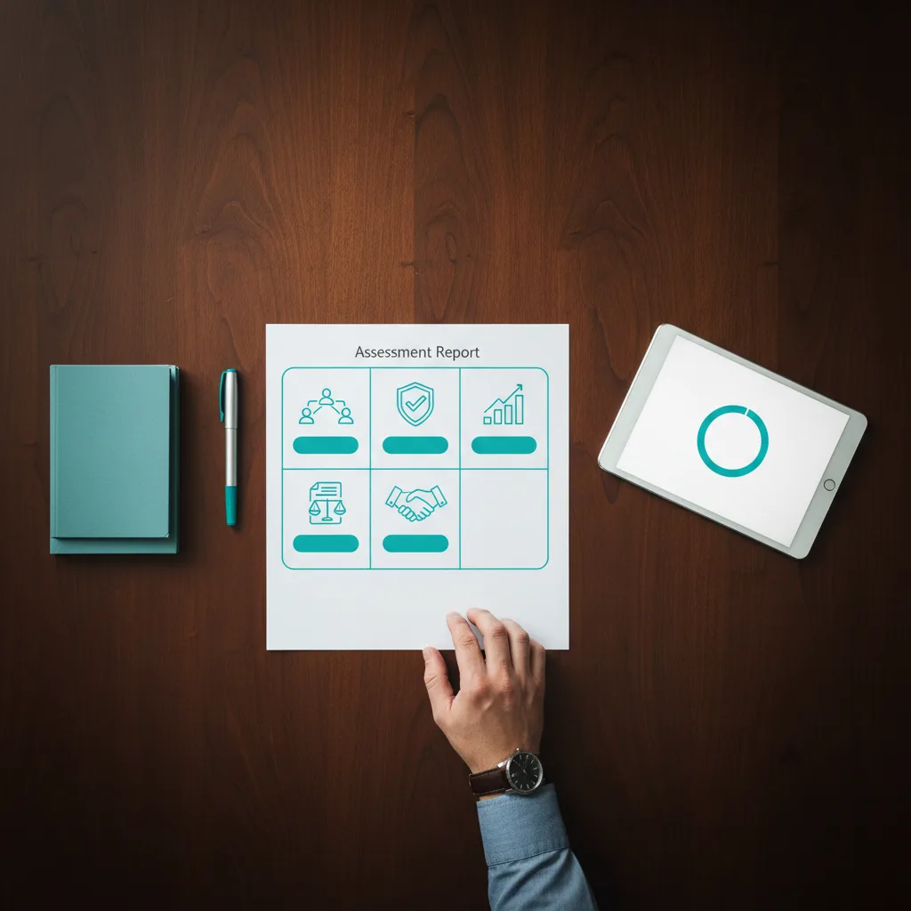 AI readiness assessment report with icons for use-case discovery, compliance review, roadmap, governance, and stakeholder briefing