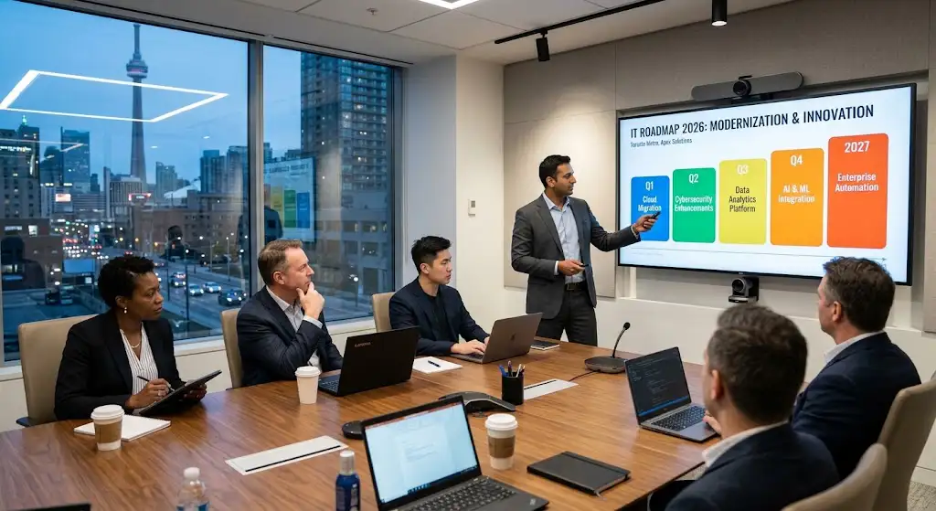 vCIO strategic planning and AI adoption meeting in boardroom